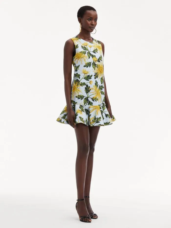 Women Oscar De La Renta Dresses Chrysanthemum Cotton Cloqu Dress Yellow Light Blue Women Oscar De La Renta Dresses Chrysanthemum Cotton Cloqu Dress Yellow Light Blue