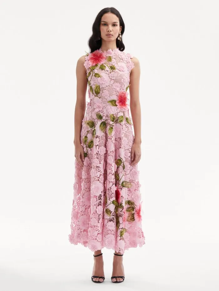 Women Oscar De La Renta Dresses Hibiscus Embroidered Guipure Dress Soft Pink