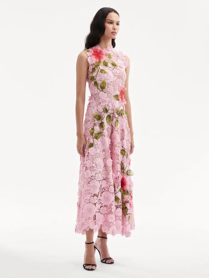 Women Oscar De La Renta Dresses Hibiscus Embroidered Guipure Dress Soft Pink