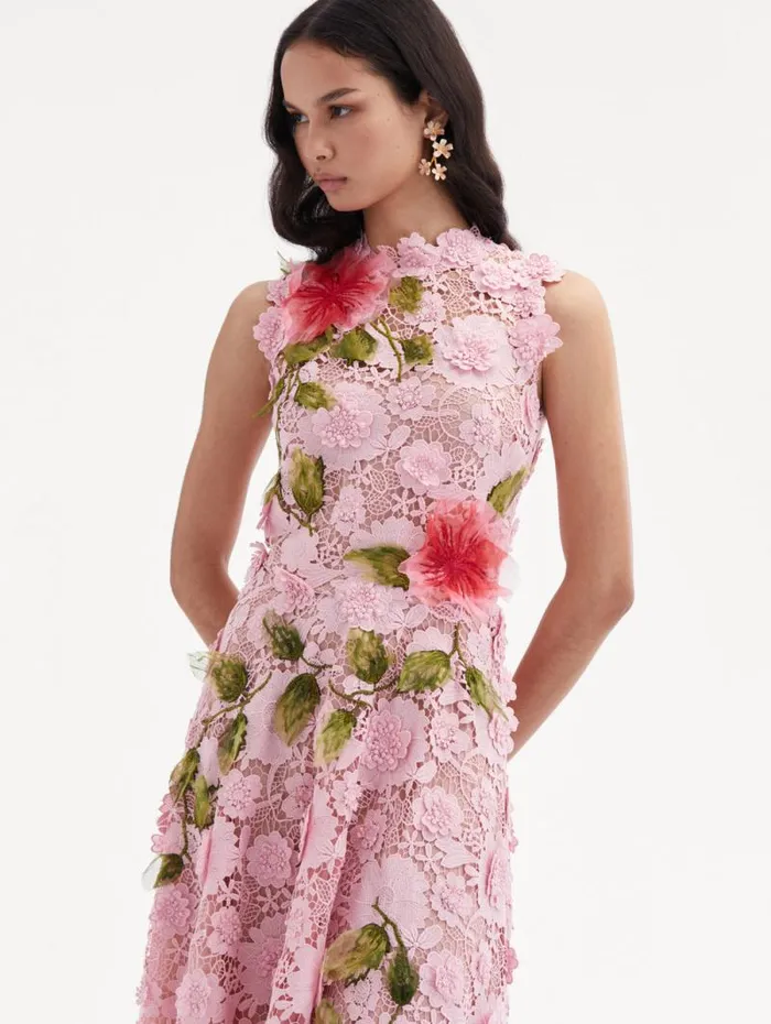 Women Oscar De La Renta Dresses Hibiscus Embroidered Guipure Dress Soft Pink