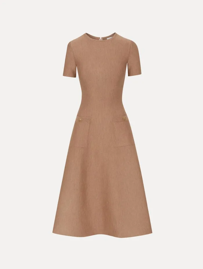 Women Oscar De La Renta Dresses O Flower Knit Midi Dress Cafe Au Lait