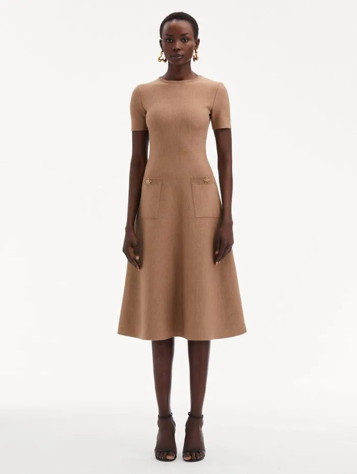 Women Oscar De La Renta Dresses O Flower Knit Midi Dress Cafe Au Lait