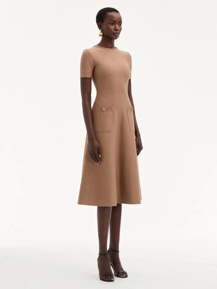 Women Oscar De La Renta Dresses O Flower Knit Midi Dress Cafe Au Lait