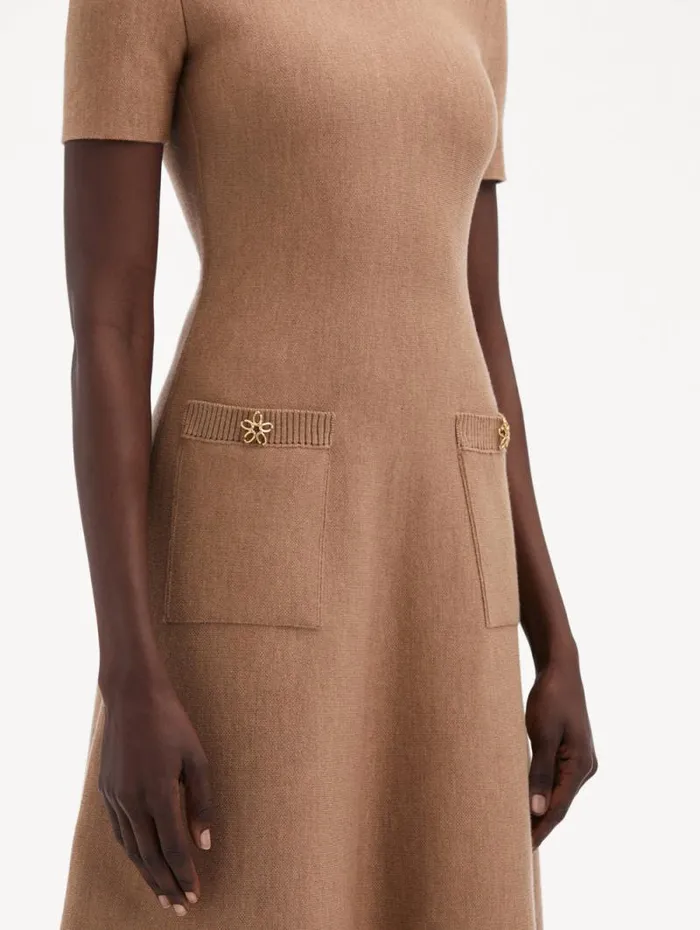 Women Oscar De La Renta Dresses O Flower Knit Midi Dress Cafe Au Lait