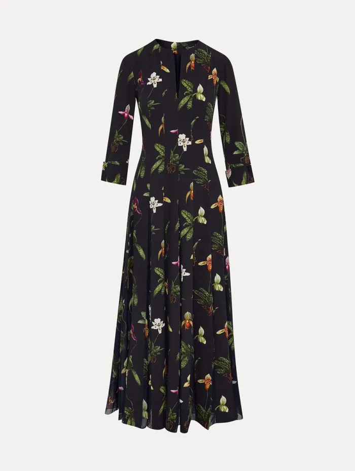 Women Oscar De La Renta Dresses Orchid Cady Inset 34 Sleeve Dress Navy Multi