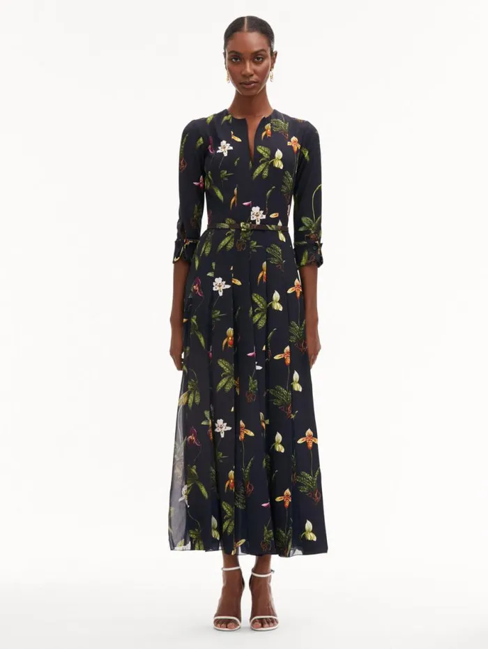 Women Oscar De La Renta Dresses Orchid Cady Inset 34 Sleeve Dress Navy Multi
