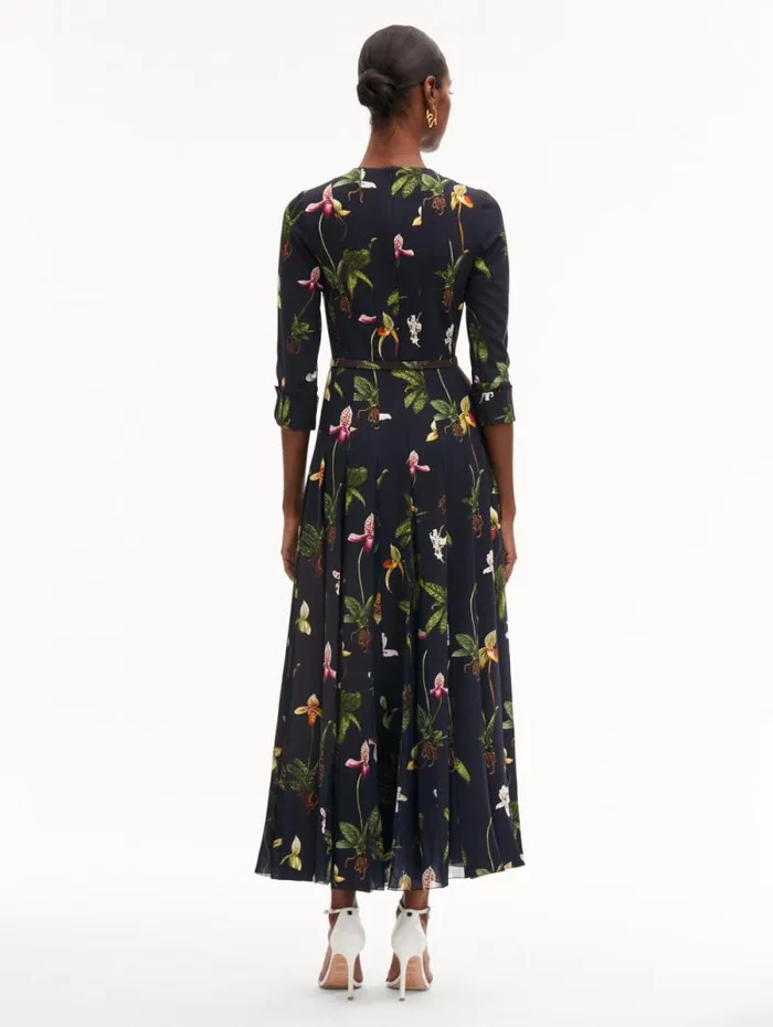 Women Oscar De La Renta Dresses Orchid Cady Inset 34 Sleeve Dress Navy Multi