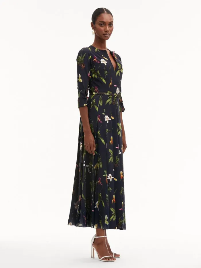 Women Oscar De La Renta Dresses Orchid Cady Inset 34 Sleeve Dress Navy Multi