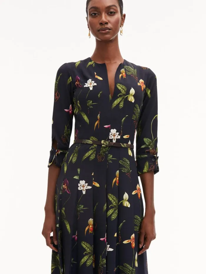 Women Oscar De La Renta Dresses Orchid Cady Inset 34 Sleeve Dress Navy Multi