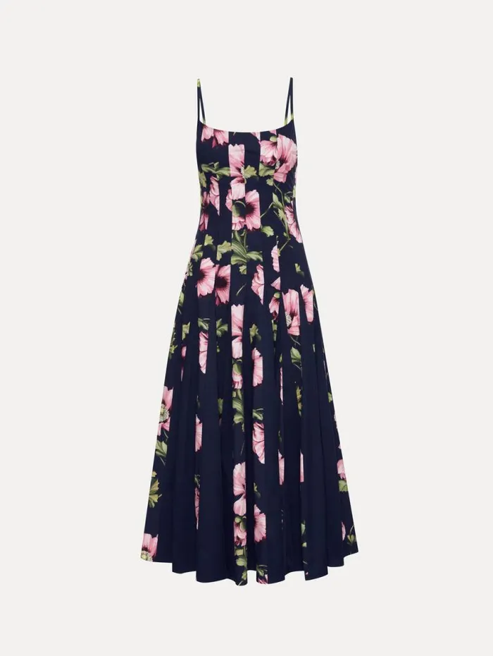 Women Oscar De La Renta Dresses Poppy Cotton Poplin Inset Dress Navy Pink