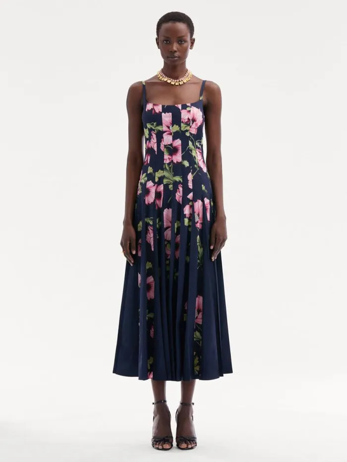 Women Oscar De La Renta Dresses Poppy Cotton Poplin Inset Dress Navy Pink Women Oscar De La Renta Dresses Poppy Cotton Poplin Inset Dress Navy Pink