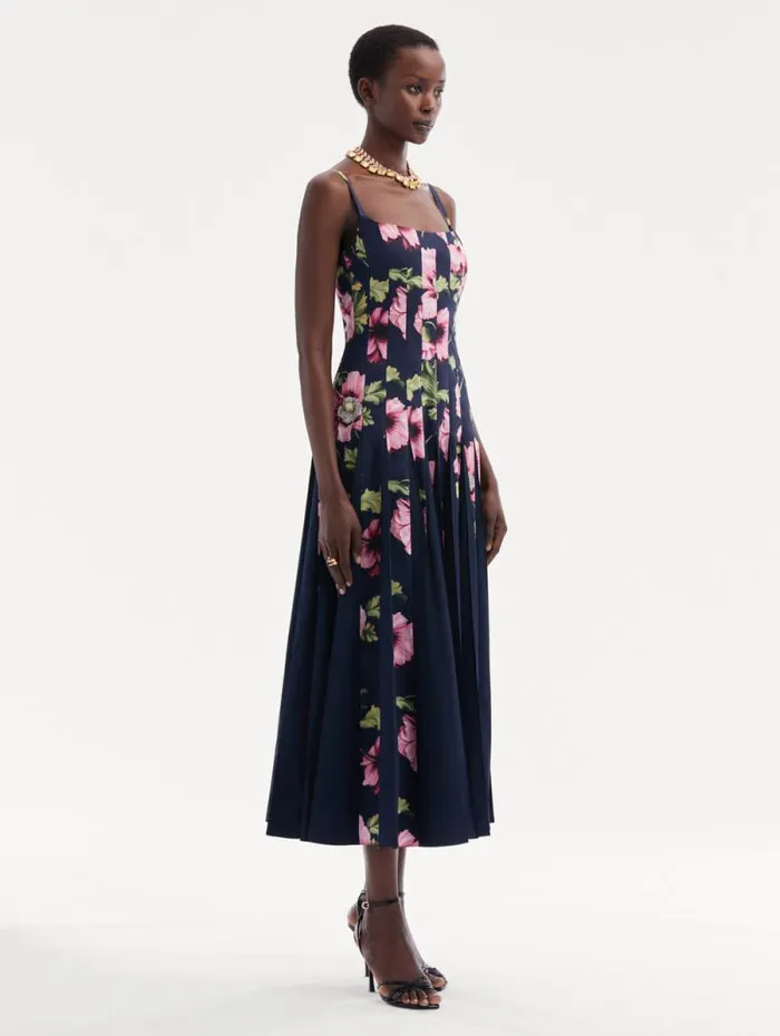 Women Oscar De La Renta Dresses Poppy Cotton Poplin Inset Dress Navy Pink Women Oscar De La Renta Dresses Poppy Cotton Poplin Inset Dress Navy Pink