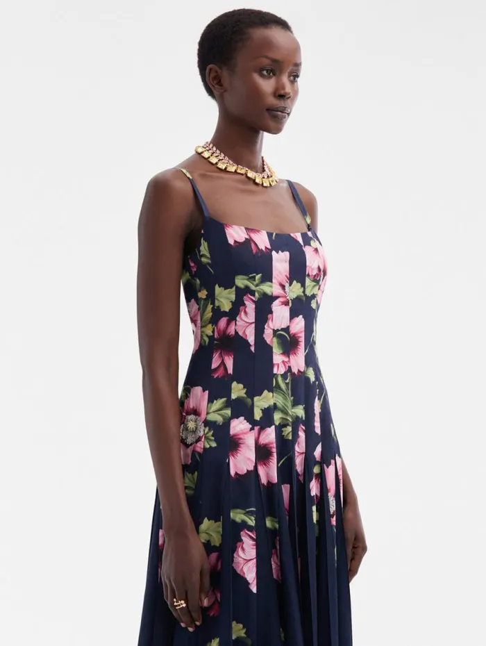 Women Oscar De La Renta Dresses Poppy Cotton Poplin Inset Dress Navy Pink Women Oscar De La Renta Dresses Poppy Cotton Poplin Inset Dress Navy Pink