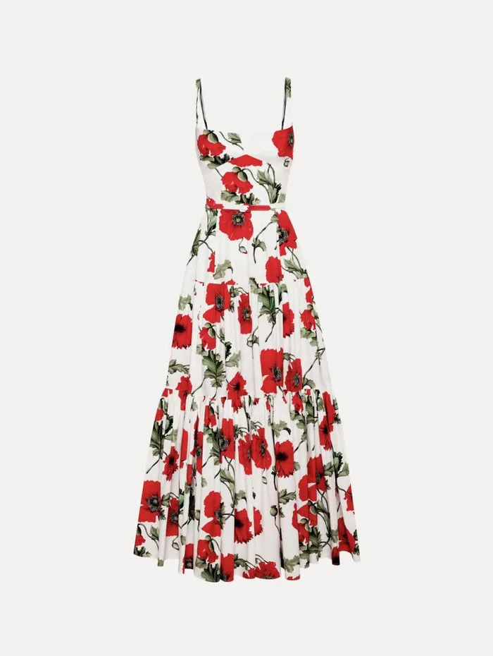 Women Oscar De La Renta Dresses Poppy Cotton Poplin Tiered Maxi Dress White Red Women Oscar De La Renta Dresses Poppy Cotton Poplin Tiered Maxi Dress White Red