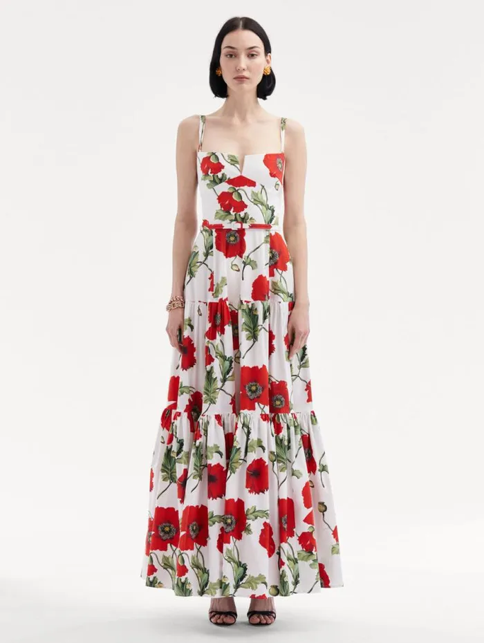 Women Oscar De La Renta Dresses Poppy Cotton Poplin Tiered Maxi Dress White Red Women Oscar De La Renta Dresses Poppy Cotton Poplin Tiered Maxi Dress White Red