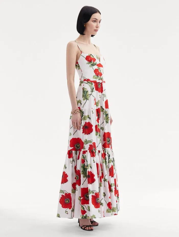 Women Oscar De La Renta Dresses Poppy Cotton Poplin Tiered Maxi Dress White Red Women Oscar De La Renta Dresses Poppy Cotton Poplin Tiered Maxi Dress White Red