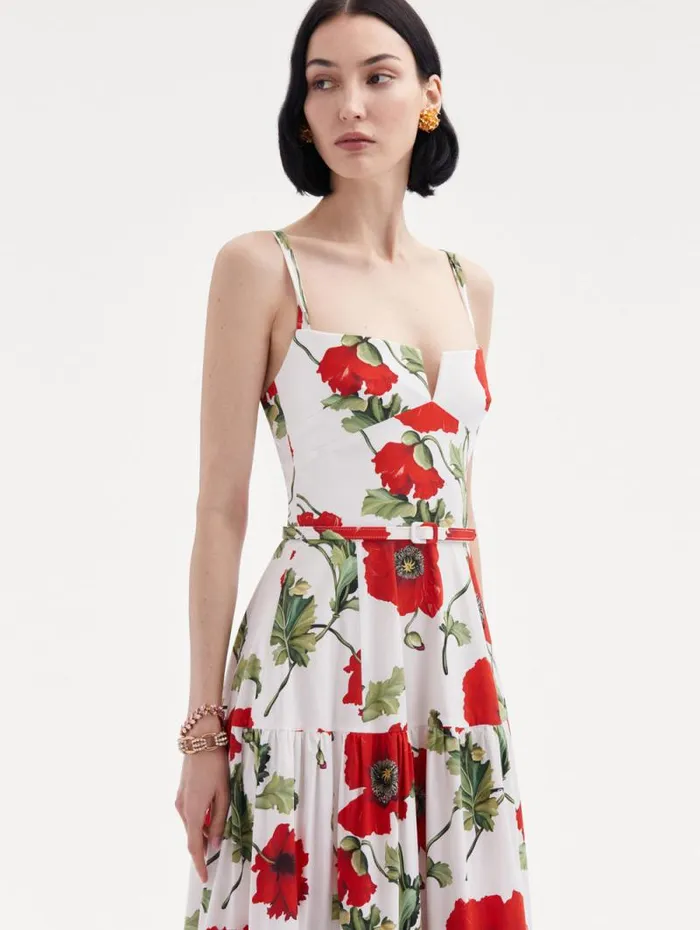 Women Oscar De La Renta Dresses Poppy Cotton Poplin Tiered Maxi Dress White Red Women Oscar De La Renta Dresses Poppy Cotton Poplin Tiered Maxi Dress White Red