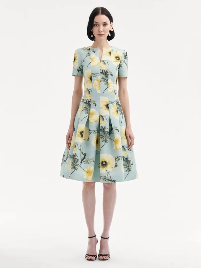 Women Oscar De La Renta Dresses Poppy Faille Split Neck Dress Sage Yellow