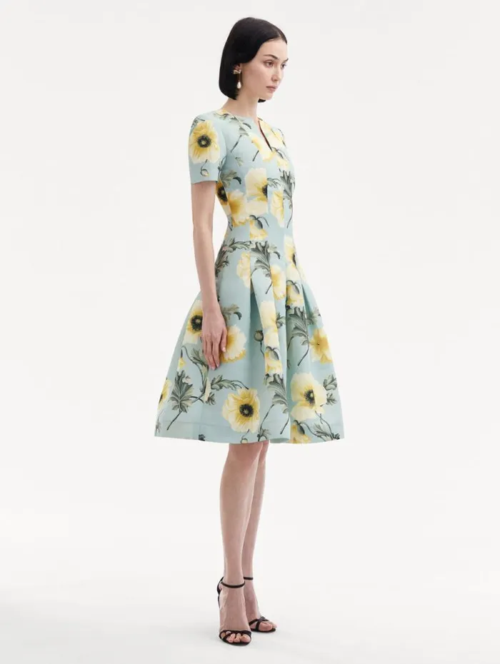 Women Oscar De La Renta Dresses Poppy Faille Split Neck Dress Sage Yellow