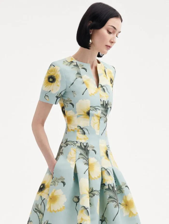Women Oscar De La Renta Dresses Poppy Faille Split Neck Dress Sage Yellow