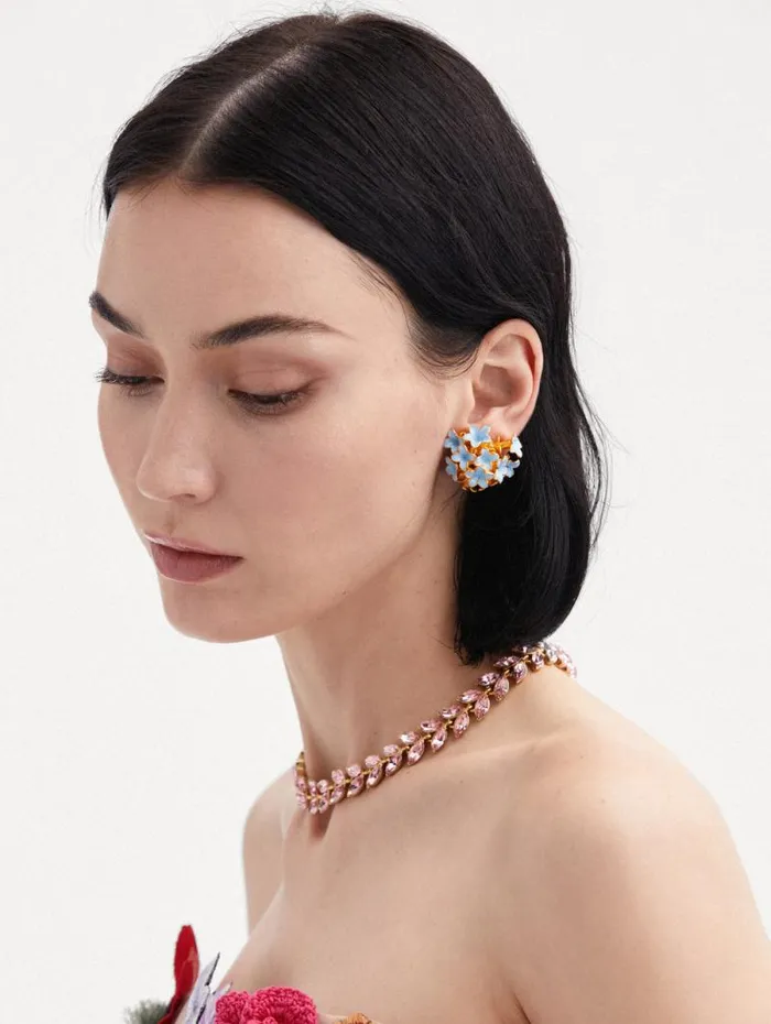 Women Oscar De La Renta Earrings Enamel Bouquet Button ClipOn Earrings Blue