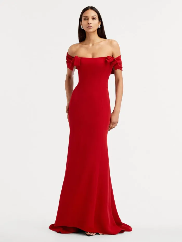 Women Oscar De La Renta Gowns and Caftans Cady Off Shoulder Peasante Gown Crimson