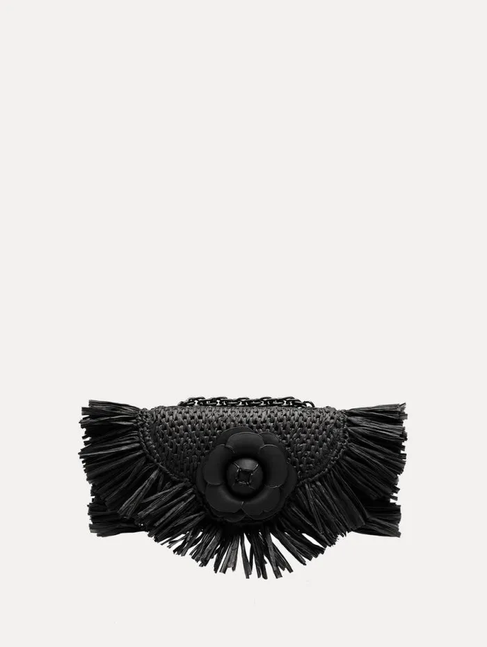 Women Oscar De La Renta Handbags Raffia Fringe TRO Bag Black