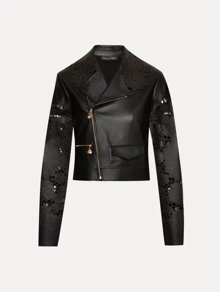 Women Oscar De La Renta Jackets and Coats Laser Cut Floral Leather Jacket Black