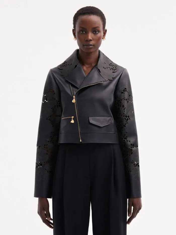 Women Oscar De La Renta Jackets and Coats Laser Cut Floral Leather Jacket Black Women Oscar De La Renta Jackets and Coats Laser Cut Floral Leather Jacket Black