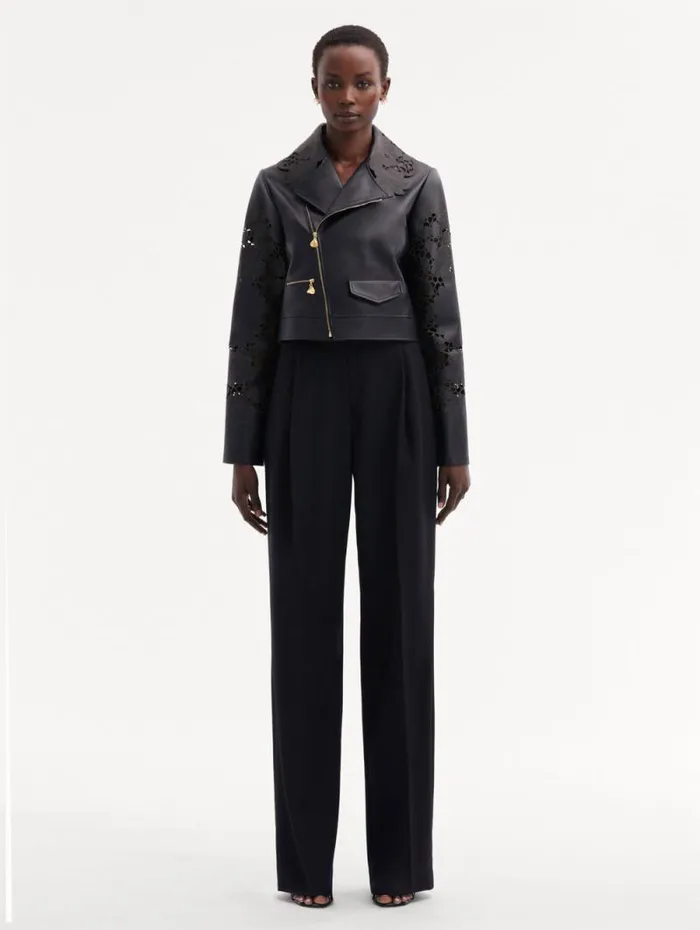 Women Oscar De La Renta Jackets and Coats Laser Cut Floral Leather Jacket Black Women Oscar De La Renta Jackets and Coats Laser Cut Floral Leather Jacket Black
