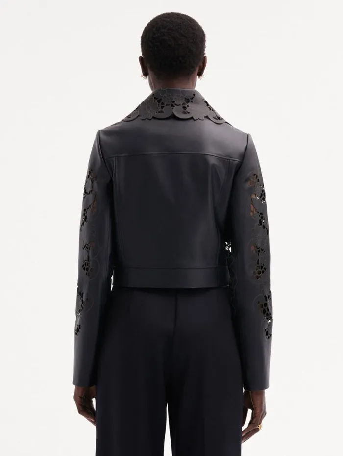 Women Oscar De La Renta Jackets and Coats Laser Cut Floral Leather Jacket Black Women Oscar De La Renta Jackets and Coats Laser Cut Floral Leather Jacket Black