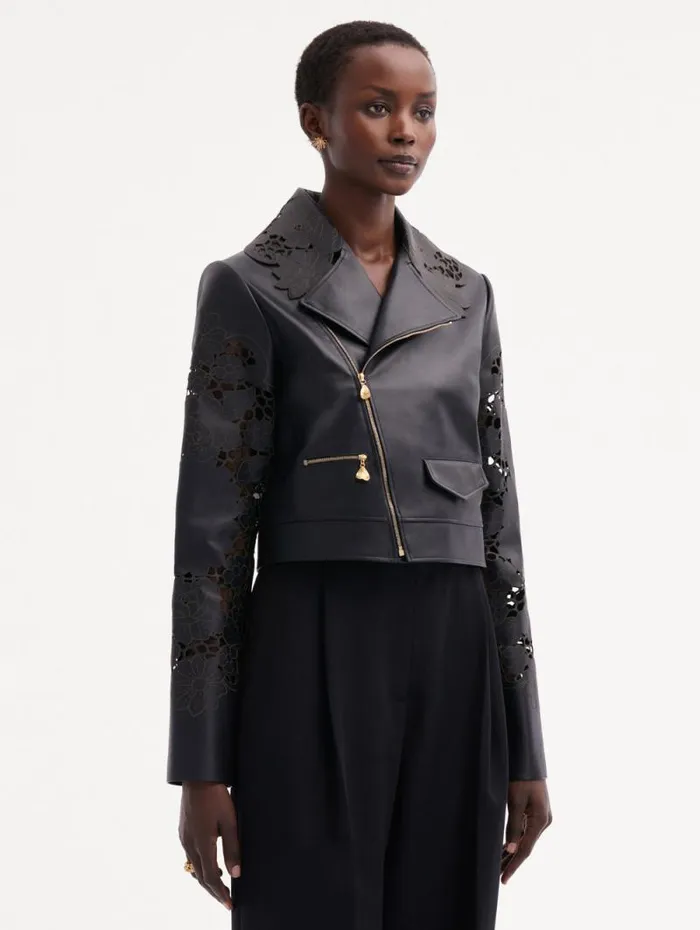 Women Oscar De La Renta Jackets and Coats Laser Cut Floral Leather Jacket Black Women Oscar De La Renta Jackets and Coats Laser Cut Floral Leather Jacket Black