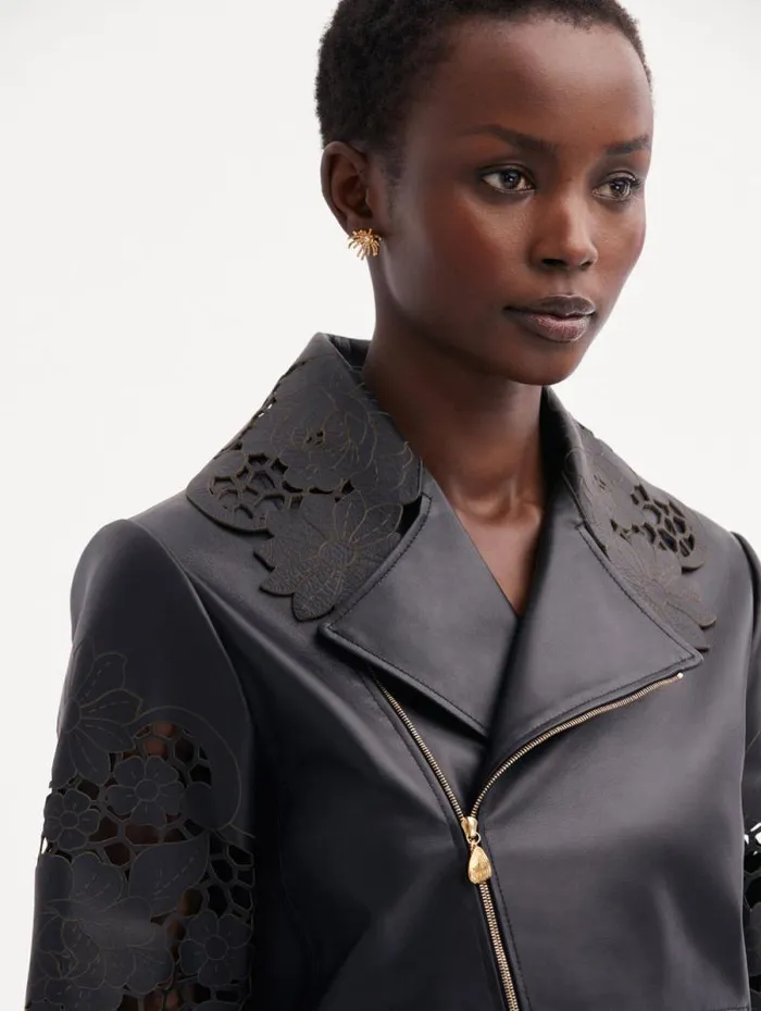 Women Oscar De La Renta Jackets and Coats Laser Cut Floral Leather Jacket Black Women Oscar De La Renta Jackets and Coats Laser Cut Floral Leather Jacket Black