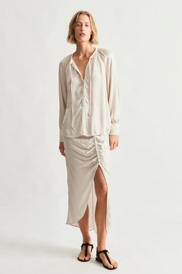 Women Pebble Satin Dirty White Pretoria Midi Skirt Raquel Allegra Bottoms