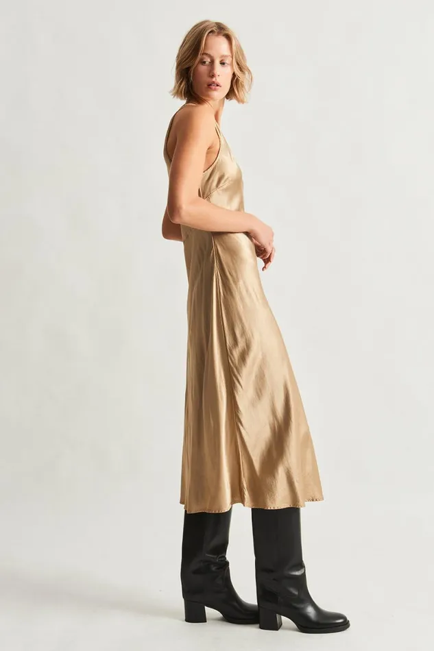 Women Pebble Satin Sand Valentina Midi Dress Raquel Allegra Sweaters and Knits