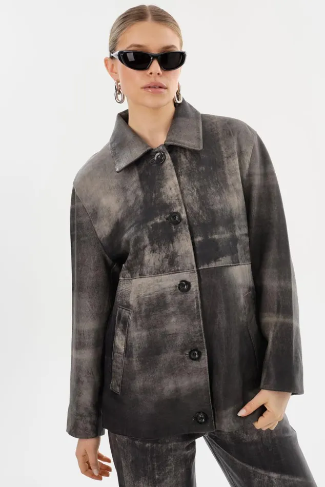 Women PRESLEY Leather Shacket Fossil Grey LAMARQUE Leather Jackets