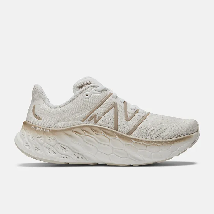 Women Running New Balance Fresh Foam X More v4 White with Gold Metallic and Moonbeam Women Running New Balance Fresh Foam X More v4 White with Gold Metallic and Moonbeam