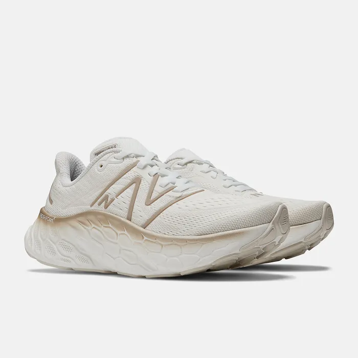 Women Running New Balance Fresh Foam X More v4 White with Gold Metallic and Moonbeam Women Running New Balance Fresh Foam X More v4 White with Gold Metallic and Moonbeam