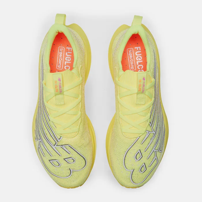 Women Running New Balance FuelCell SuperComp Elite v3 Cosmic Pineapple with White Iridescent and Dark Silver Metallic Women Running New Balance FuelCell SuperComp Elite v3 Cosmic Pineapple with White Iridescent and Dark Silver Metallic