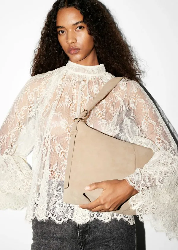 Women Shoulder Bags and Other Stories Large Leather Shoulder Bag Beige Suede