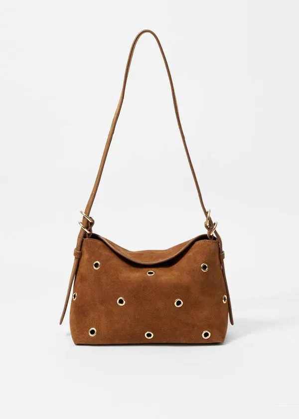 Women Shoulder Bags and Other Stories Small EyeletEmbellished Suede Bag Brown