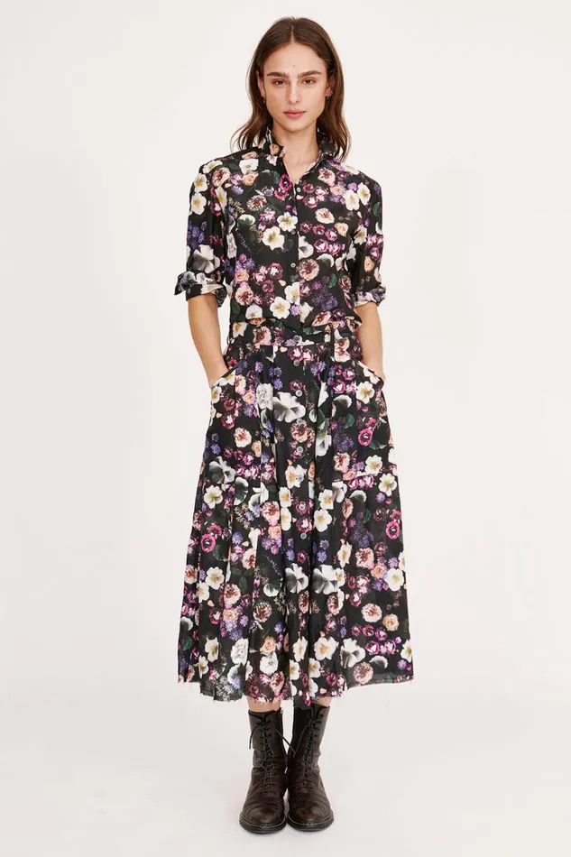 Women Silk Voile Black Floral Franklin Skirt Raquel Allegra Bottoms