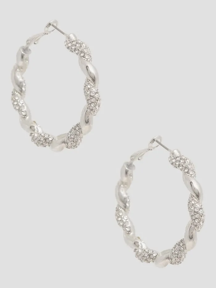 Women SilverTone Rhinestone Twist Hoop Earrings Silver Jewelry GUESS