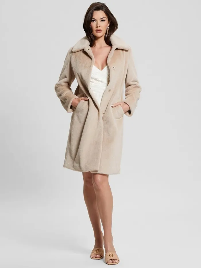 Women Simmone FauxFur Coat Foamy Taupe Multi Jackets and Coats GUESS