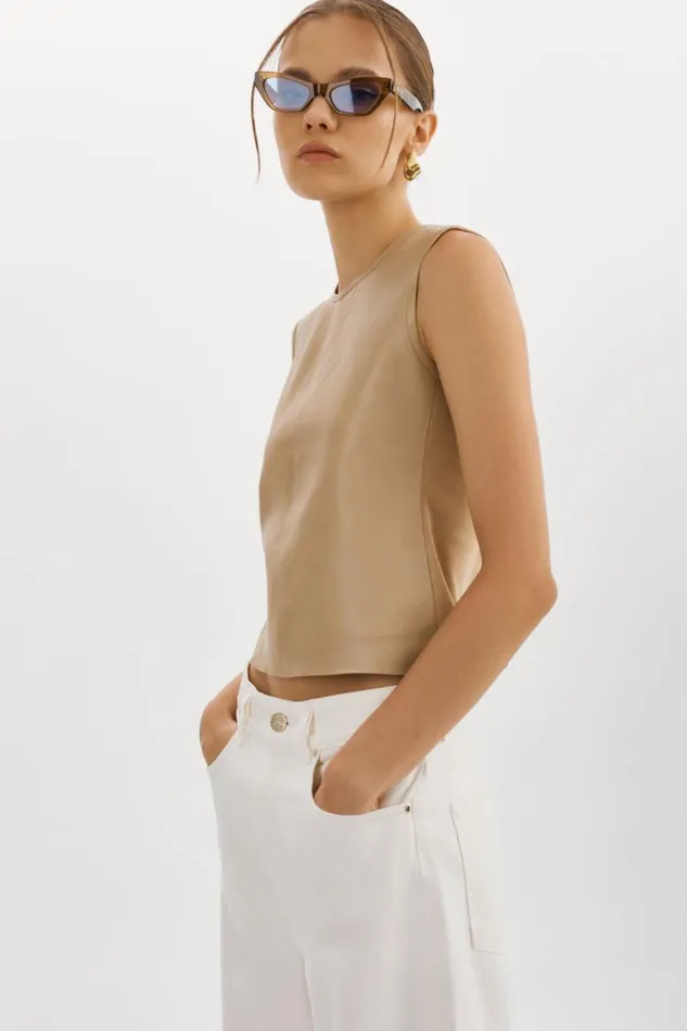 Women SOFIA Leather Shell Top Wheat LAMARQUE Tops Women SOFIA Leather Shell Top Wheat LAMARQUE Tops
