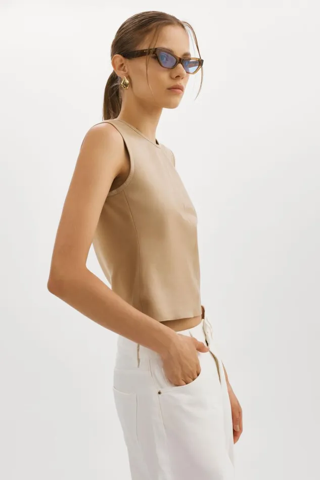 Women SOFIA Leather Shell Top Wheat LAMARQUE Tops Women SOFIA Leather Shell Top Wheat LAMARQUE Tops
