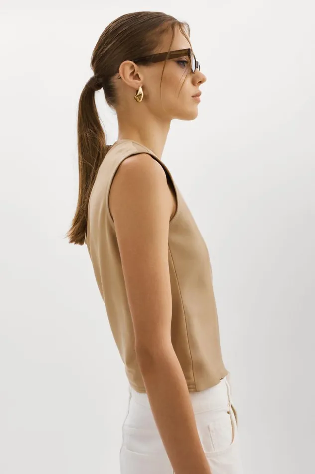 Women SOFIA Leather Shell Top Wheat LAMARQUE Tops Women SOFIA Leather Shell Top Wheat LAMARQUE Tops