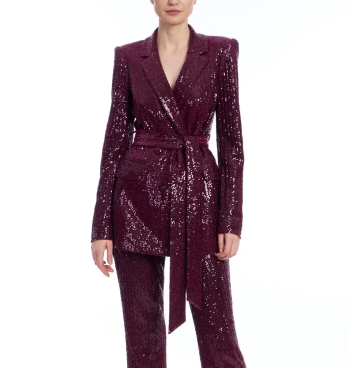 Women Suits Badgley Mischka Line Sequin Notch Lapel Jacket Brown