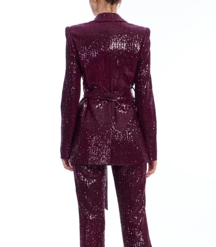 Women Suits Badgley Mischka Line Sequin Notch Lapel Jacket Brown