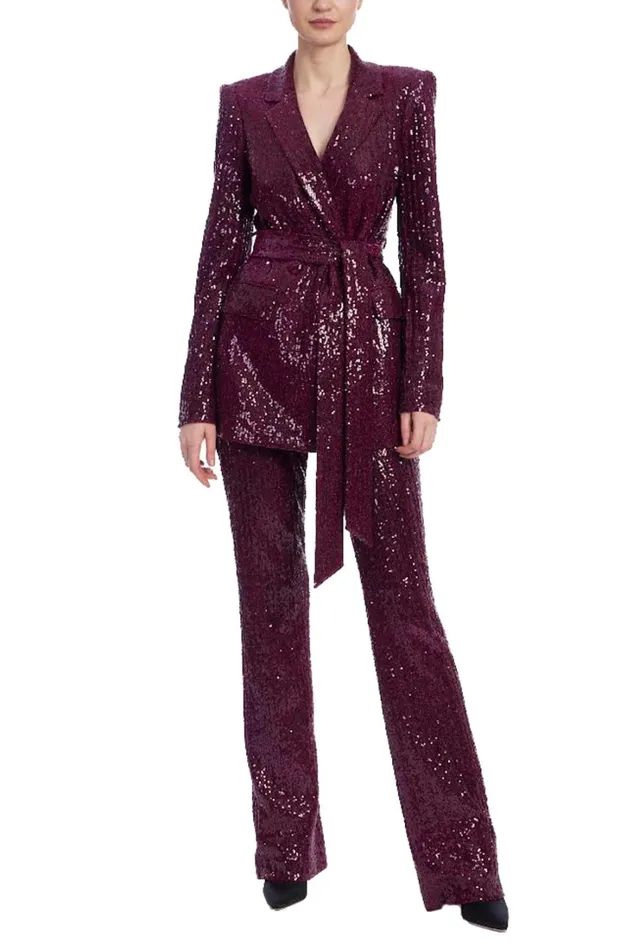 Women Suits Badgley Mischka Line Sequin Notch Lapel Jacket Brown
